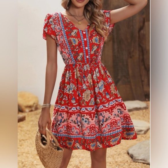 Dresses & Skirts - Red Boho Floral Print Petal Sleeve Dress